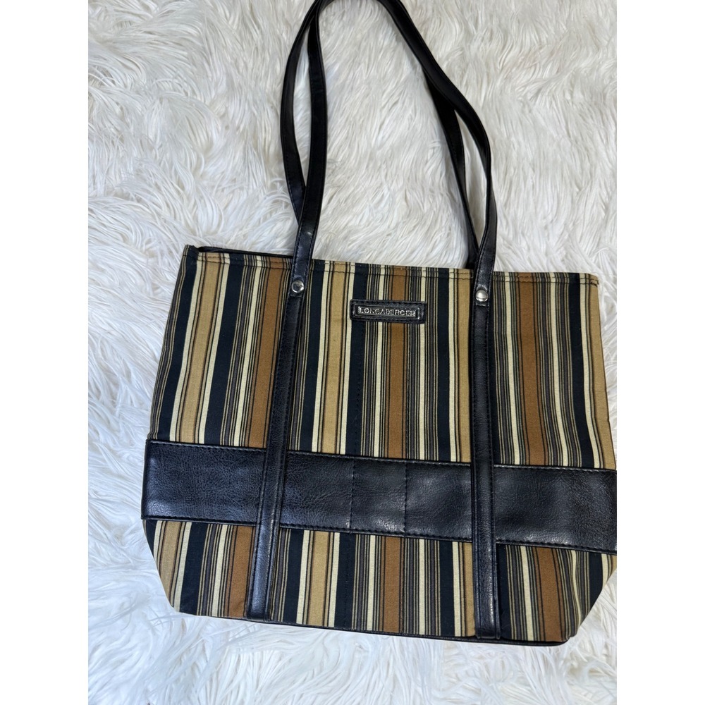 Longaberger Striped Canvas Tote Bag Black Brown Tan Faux Leather Shoulder Bag